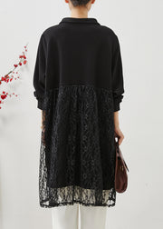 Elegant Black Peter Pan Collar Patchwork Lace Dress Fall