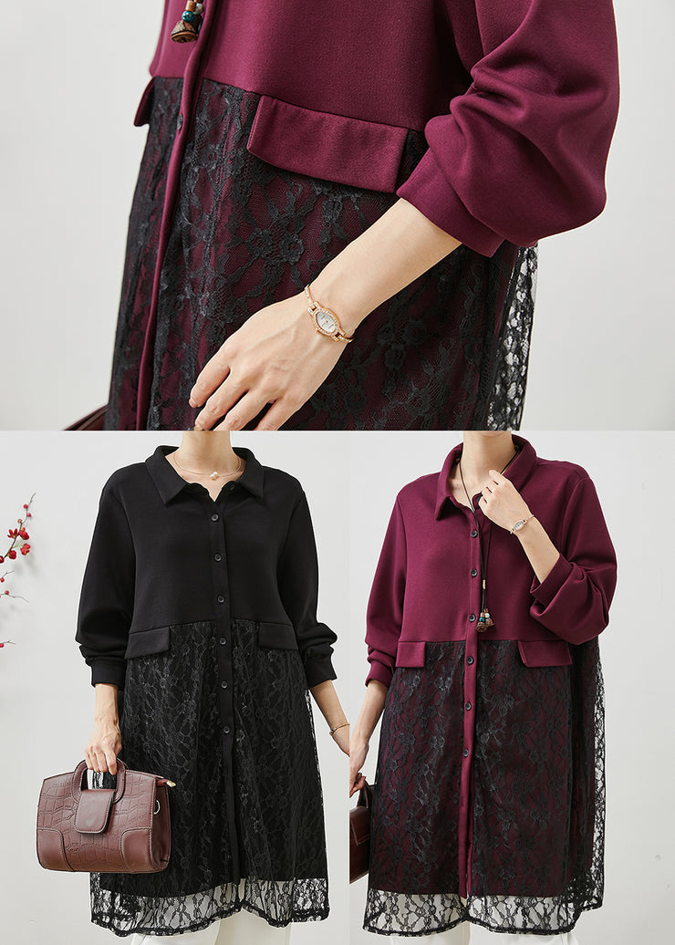 Elegant Black Peter Pan Collar Patchwork Lace Dress Fall