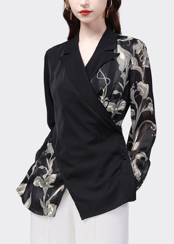 Elegant Black Peter Pan Collar Patchwork Print Chiffon Shirt Top Spring