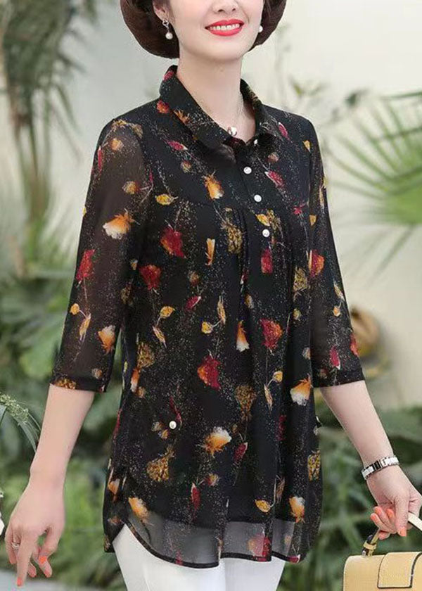 Elegant Black Peter Pan Collar Print Patchwork Silk Shirts Top Summer