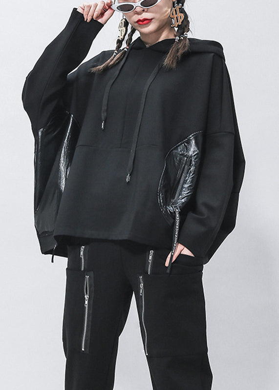 Elegant Black Pockets Patchwork Drawstring Pullover Batwing Sleeve