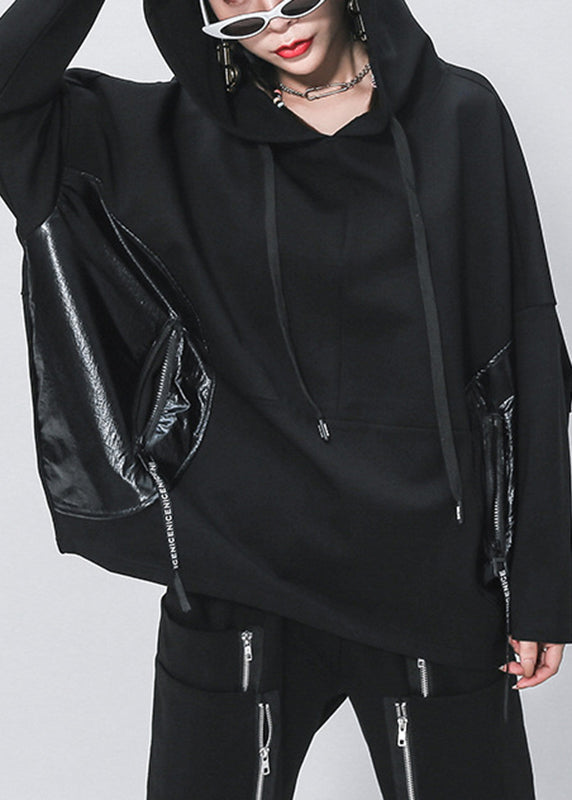 Elegant Black Pockets Patchwork Drawstring Pullover Batwing Sleeve