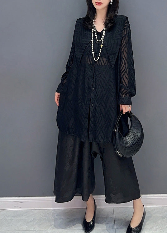 Elegant Black Print Button Chiffon Shirts And Wide Leg Pants Two Pieces Set Summer