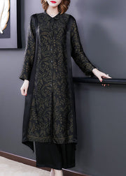 Elegant Black Print Button Silk Long Shirts And Wide Leg Pants Two Piece Set Long Sleeve