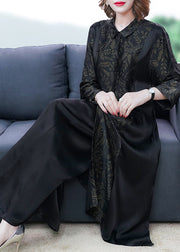 Elegant Black Print Button Silk Long Shirts And Wide Leg Pants Two Piece Set Long Sleeve