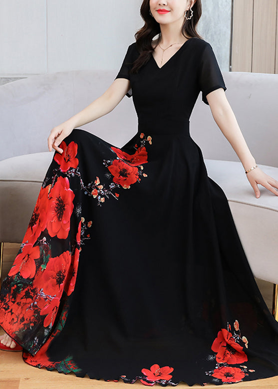 Elegant Black Print Chiffon Maxi Holiday Dress Summer