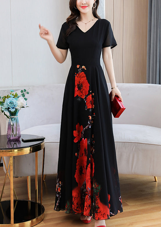 Elegant Black Print Chiffon Maxi Holiday Dress Summer