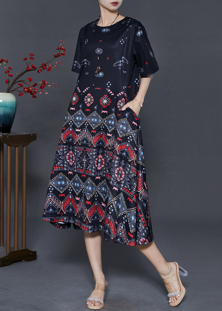 Elegant Black Print Exra Large Hem Silk Dresses Summer