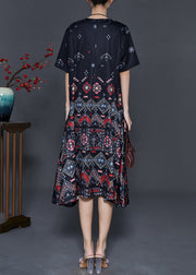 Elegant Black Print Exra Large Hem Silk Dresses Summer