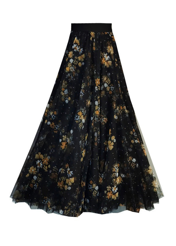 Elegant Black Print High Waist Maxi Skirts Spring