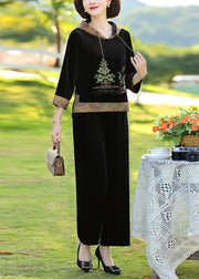 Elegant Black Print Patchwork Hooded Silk Velour Top And Wide Leg Pants Two Pieces Set Fall