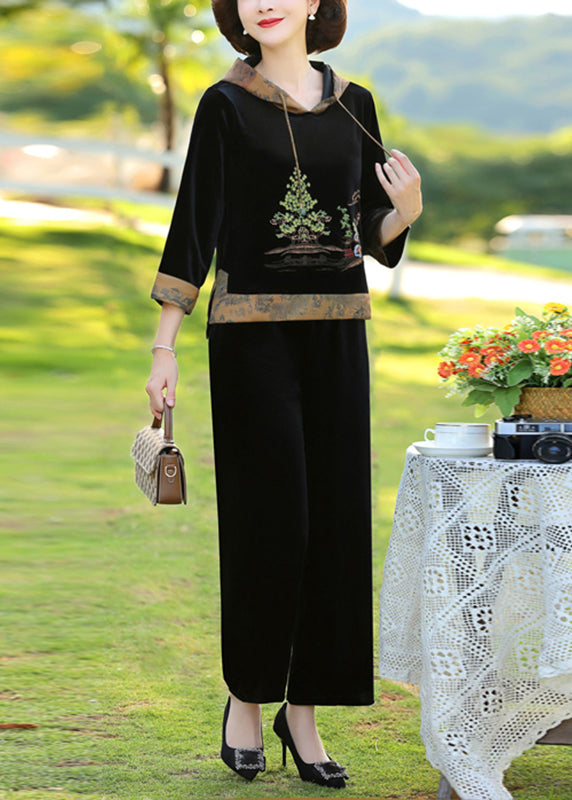 Elegant Black Print Patchwork Hooded Silk Velour Top And Wide Leg Pants Two Pieces Set Fall