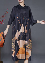 Elegant Black Print Wrinkled Silk Shirt Dress Summer