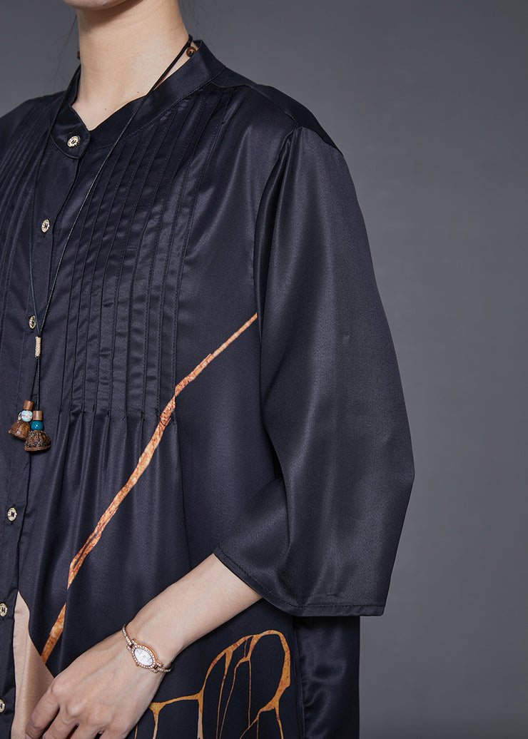 Elegant Black Print Wrinkled Silk Shirt Dress Summer