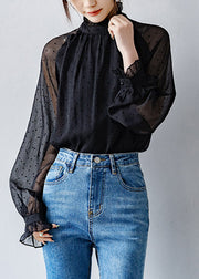 Elegant Black Ruffled Dot Thin Chiffon Shirts Fall