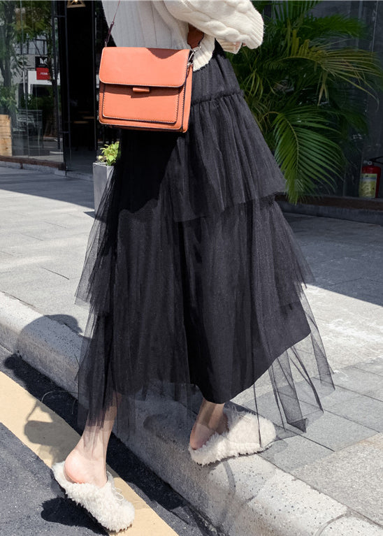 Elegant Black Ruffled High Waist Tulle Skirt Summer