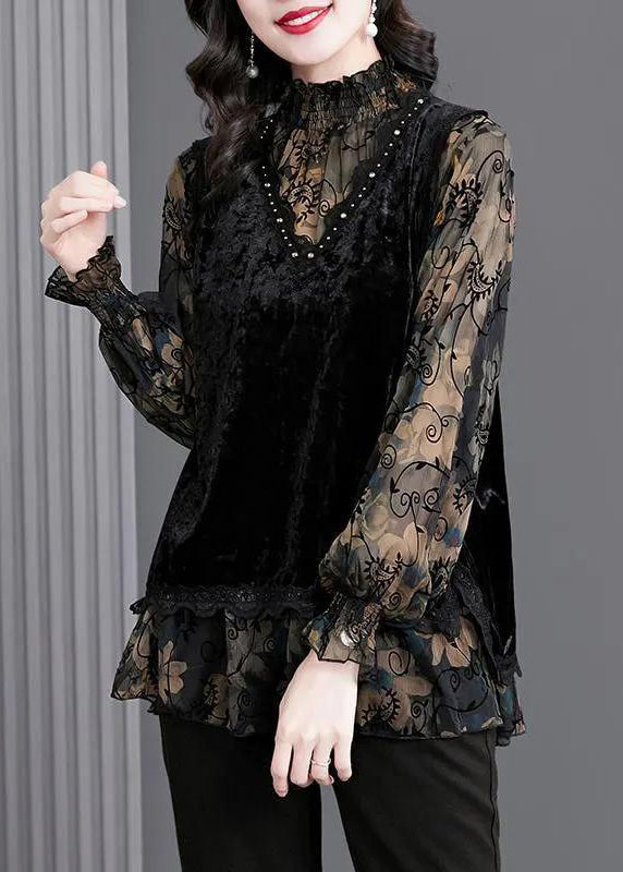 Elegant Black Ruffled Print Patchwork Silk Velour Tops Fall