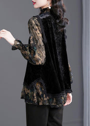 Elegant Black Ruffled Print Patchwork Silk Velour Tops Fall