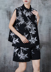 Elegant Black Sequins Bamboo Leaf Cotton Two Pieces Set Summer