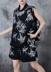 Elegant Black Sequins Bamboo Leaf Cotton Two Pieces Set Summer