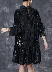 Elegant Black Sequins Patchwork Velour Mid Dresses Spring