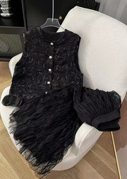 Elegant Black Sequins Waistcoat Tops And Skirts Two Pieces Set Sleeveless