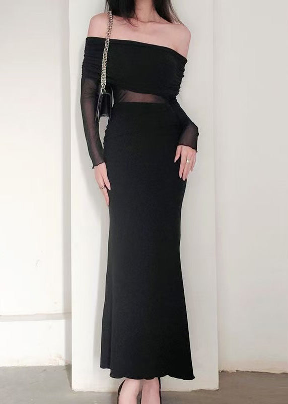 Elegant Black Slash Neck Tulle Patchwork Long Dress Spring