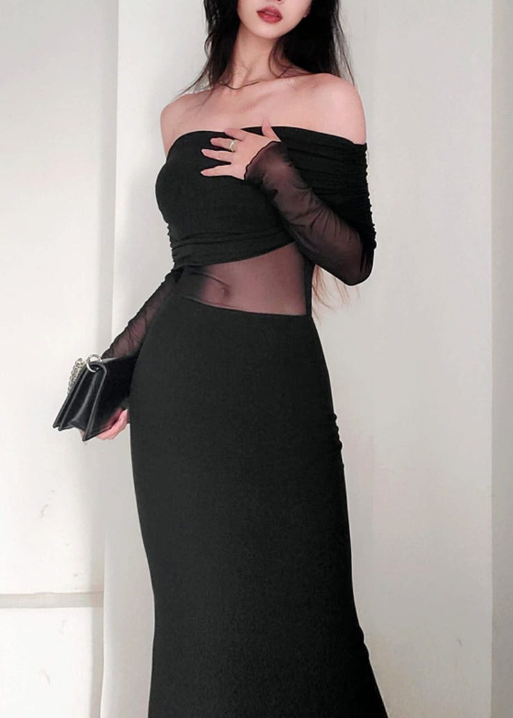 Elegant Black Slash Neck Tulle Patchwork Long Dress Spring