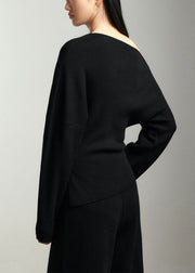 Elegant Black Slash Neck Woolen Sweaters Batwing Sleeve