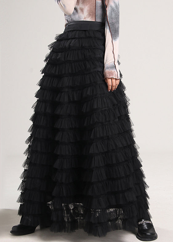 Elegant Black Solid High Waist Tulle Pleated Skirt Spring