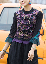 Elegant Black Stand Collar Embroideried Floral Linen Waistcoat Fall