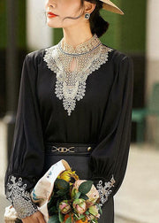 Elegant Black Stand Collar Embroideried Hollow Out Chiffon Blouse Tops Long Sleeve