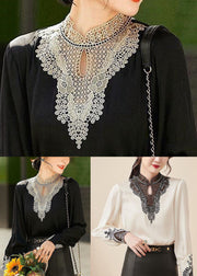 Elegant Black Stand Collar Embroideried Hollow Out Chiffon Blouse Tops Long Sleeve