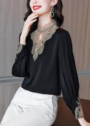 Elegant Black Stand Collar Embroideried Patchwork Chiffon Blouse Top Long Sleeve