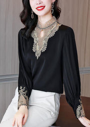 Elegant Black Stand Collar Embroideried Patchwork Chiffon Blouse Top Long Sleeve