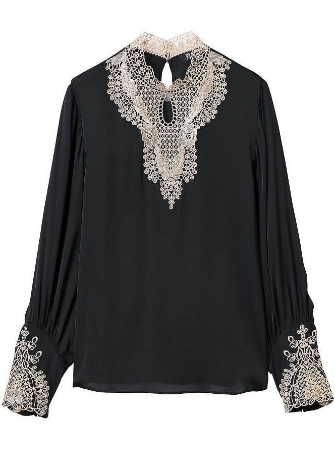 Elegant Black Stand Collar Embroideried Patchwork Chiffon Blouse Top Long Sleeve