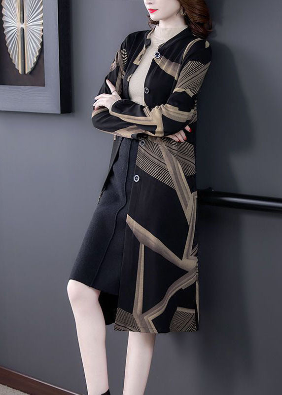 Elegant Black Stand Collar Oversized Print Coat Outwear Long Sleeve