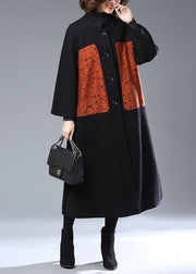 Elegant Black Stand Collar Oversized Print Woolen Coats Winter