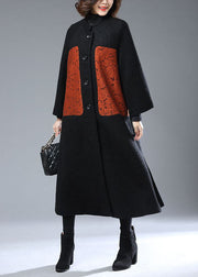 Elegant Black Stand Collar Oversized Print Woolen Coats Winter