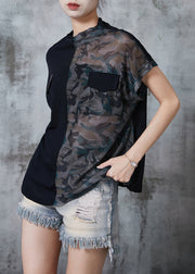 Elegant Black Stand Collar Patchwork Camouflage Tulle Tanks Summer