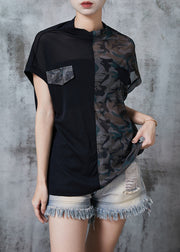 Elegant Black Stand Collar Patchwork Camouflage Tulle Tanks Summer