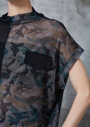 Elegant Black Stand Collar Patchwork Camouflage Tulle Tanks Summer