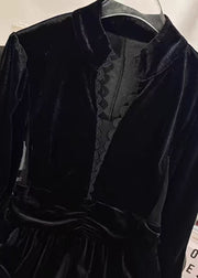 Elegant Black Stand Collar Patchwork Slim Fit Velvet Dresses Spring