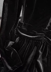 Elegant Black Stand Collar Patchwork Slim Fit Velvet Dresses Spring
