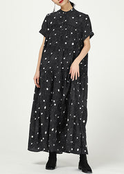 Elegant Black Stand Collar Print Cotton Dresses Short Sleeve