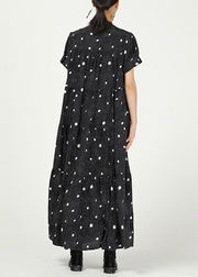 Elegant Black Stand Collar Print Cotton Dresses Short Sleeve