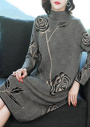 Elegant Black Stand Collar Print Knit Sweater Dress Winter