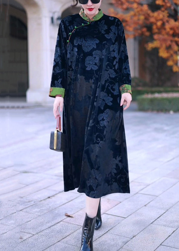 Elegant Black Stand Collar Print Silk Velvet Long Dress Winter