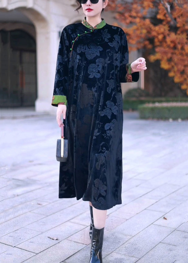 Elegant Black Stand Collar Print Silk Velvet Long Dress Winter