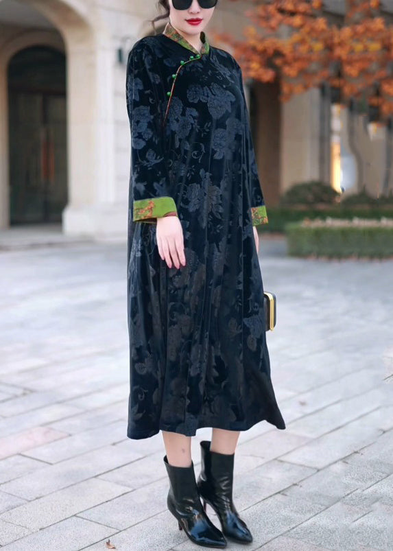 Elegant Black Stand Collar Print Silk Velvet Long Dress Winter